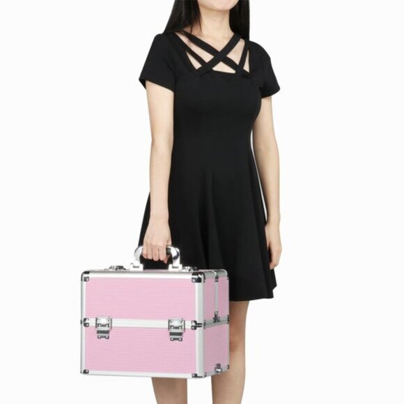 New 4-in-1 Pink Rolling Makeup Train Case, Pro Trolley Organizer with Wheels - Picture 6 of 8